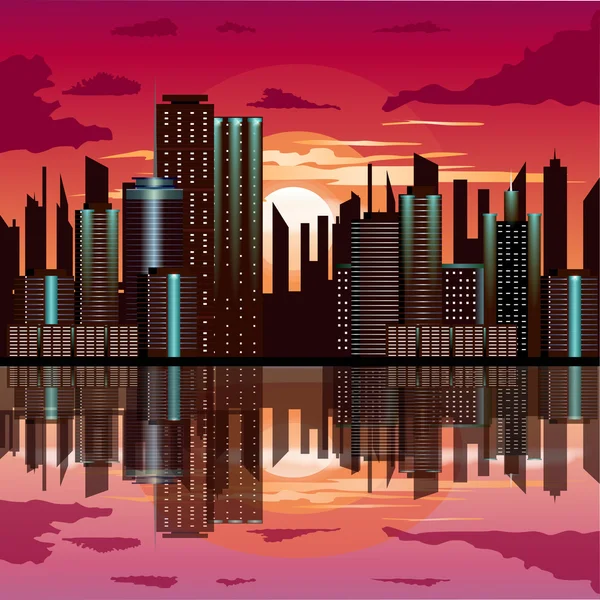 Puesta de sol en la ciudad con reflejo del edificio — Vector de stock