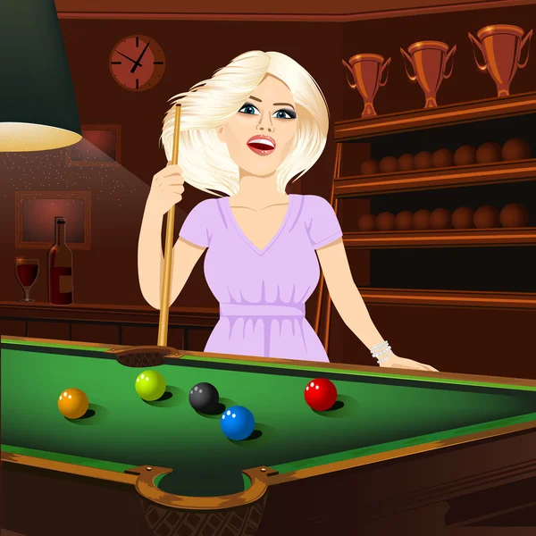 Beautiful blonde woman holding cue stick — Stock Vector