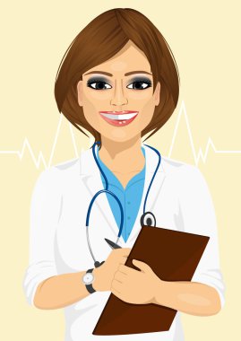 Portre kendine güvenen kadın doktor hasta Not tıbbi profesyonel almak