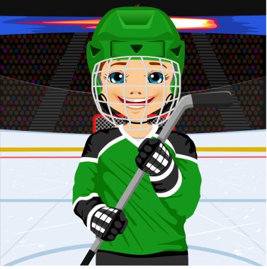 Bir buz Hokey sopası ile üniformalı genç hokey oyuncusu