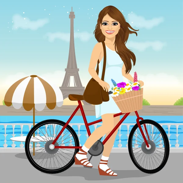 Mulher andando de bicicleta com uma cesta cheia de flores — Vetor de Stock