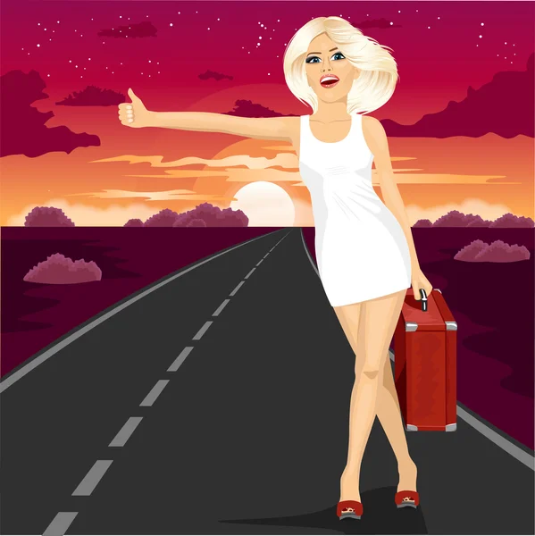 Ελκυστική ξανθιά στέκεται με βαλίτσα ψηφοφορίας στον δρόμο — Διανυσματικό Αρχείο