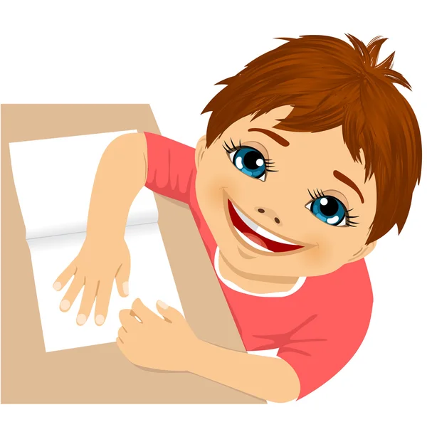 Cute boy doing homework top view — Stock Vector