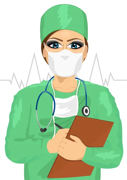 Vrouwelijke arts of verpleegkundige in gezichtsmasker, het maken van notities — Stockvector