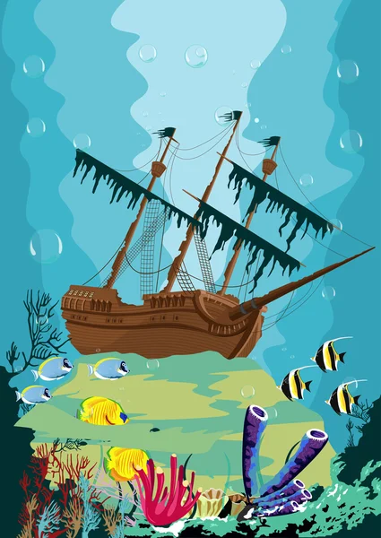 Onderwater landschap met oude piratenschip — Stockvector