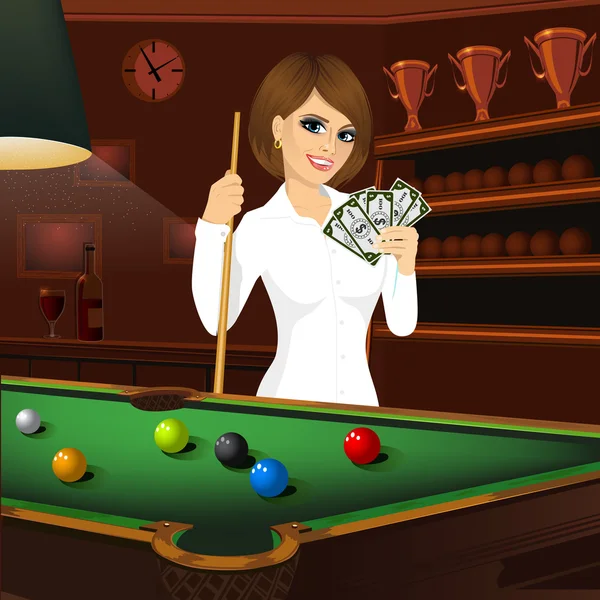 Belle femme d'affaires tenant cue stick et fan d'argent — Image vectorielle