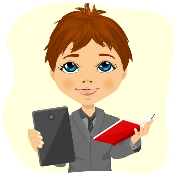 Little schoolboy choosing between tablet and books — Stock Vector