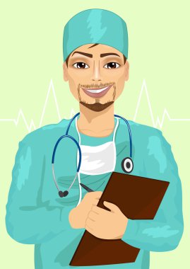 handosme male doctor or nurse with stethoscope taking notes