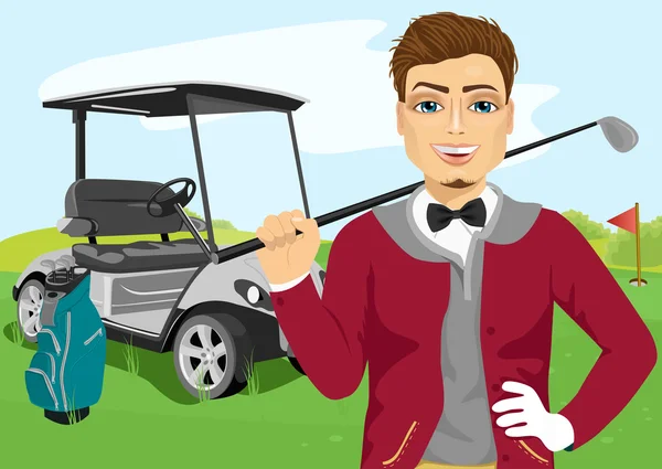 Retrato de golfista masculino guapo con palo de golf — Vector de stock