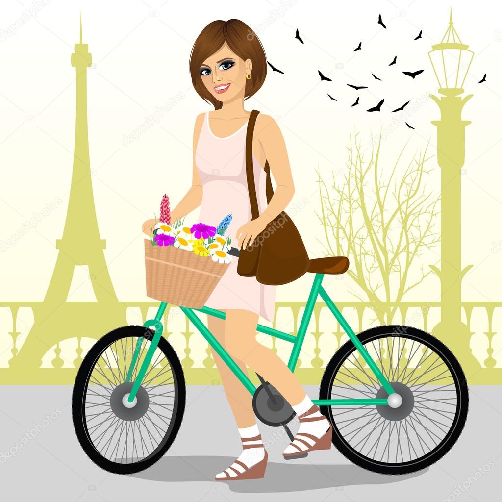 woman riding a bike with a basket full of flowers