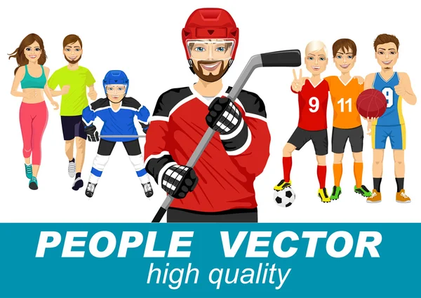 Vector de personas con varios personajes deportivos — Vector de stock