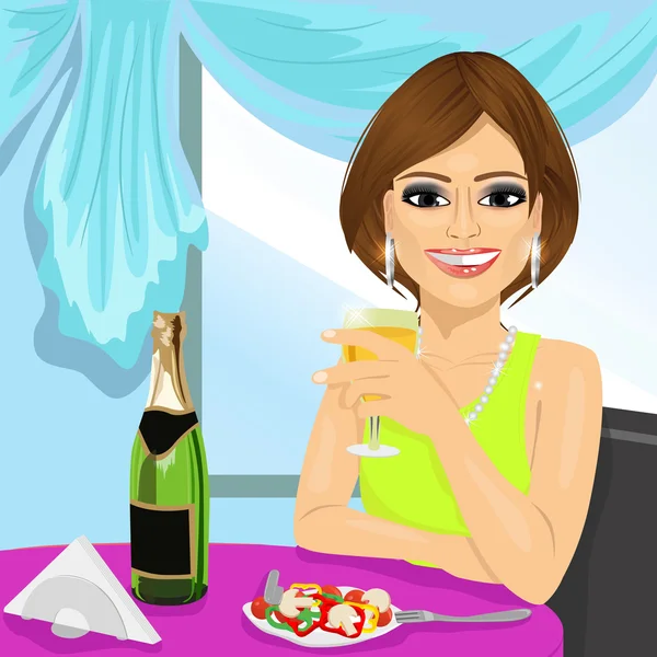 Mujer atractiva cenar en el restaurante — Vector de stock