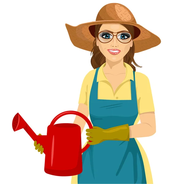 Mulher com chapéu de jardim e óculos segurando uma lata de rega — Vetor de Stock