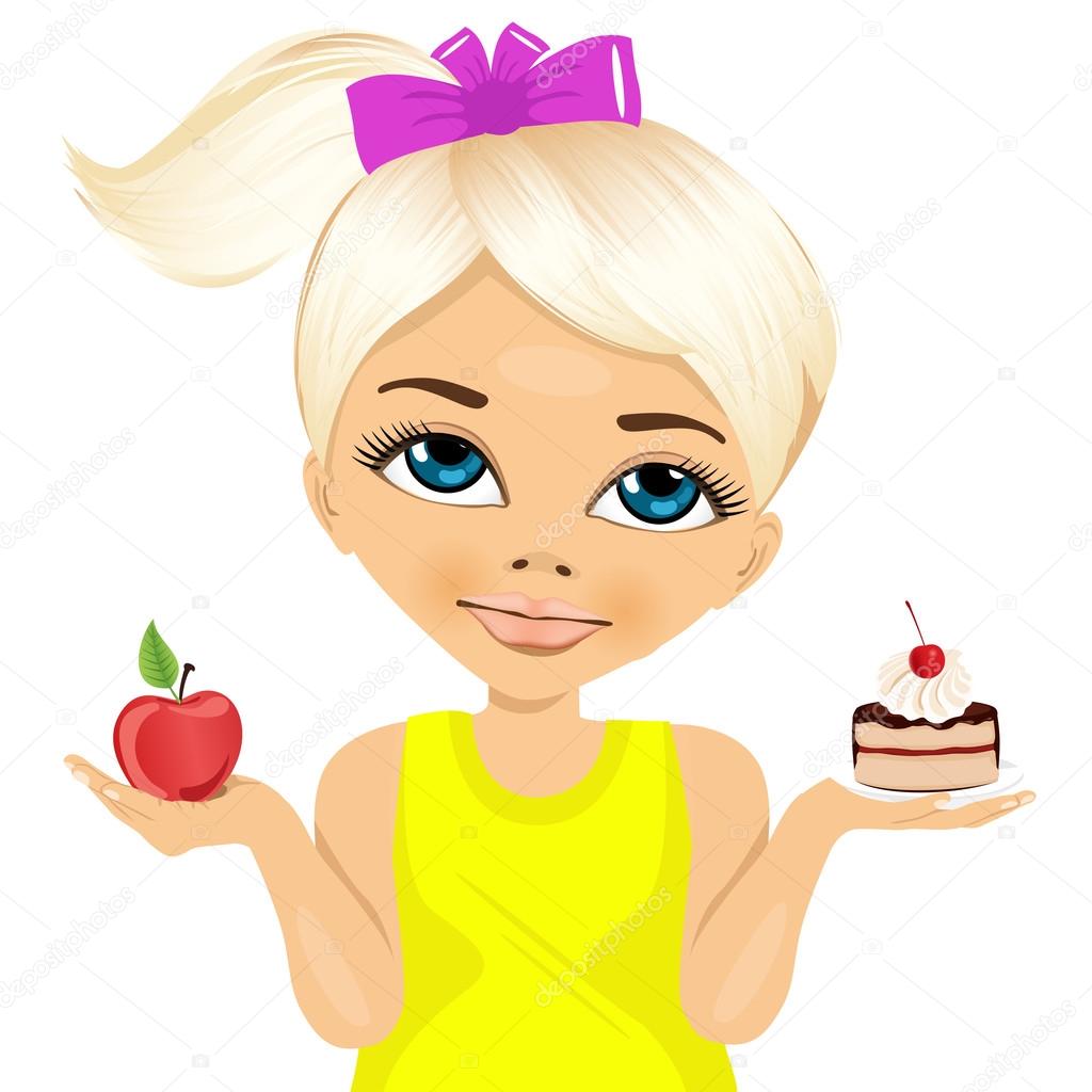 doubtful little girl holding an apple and dessert