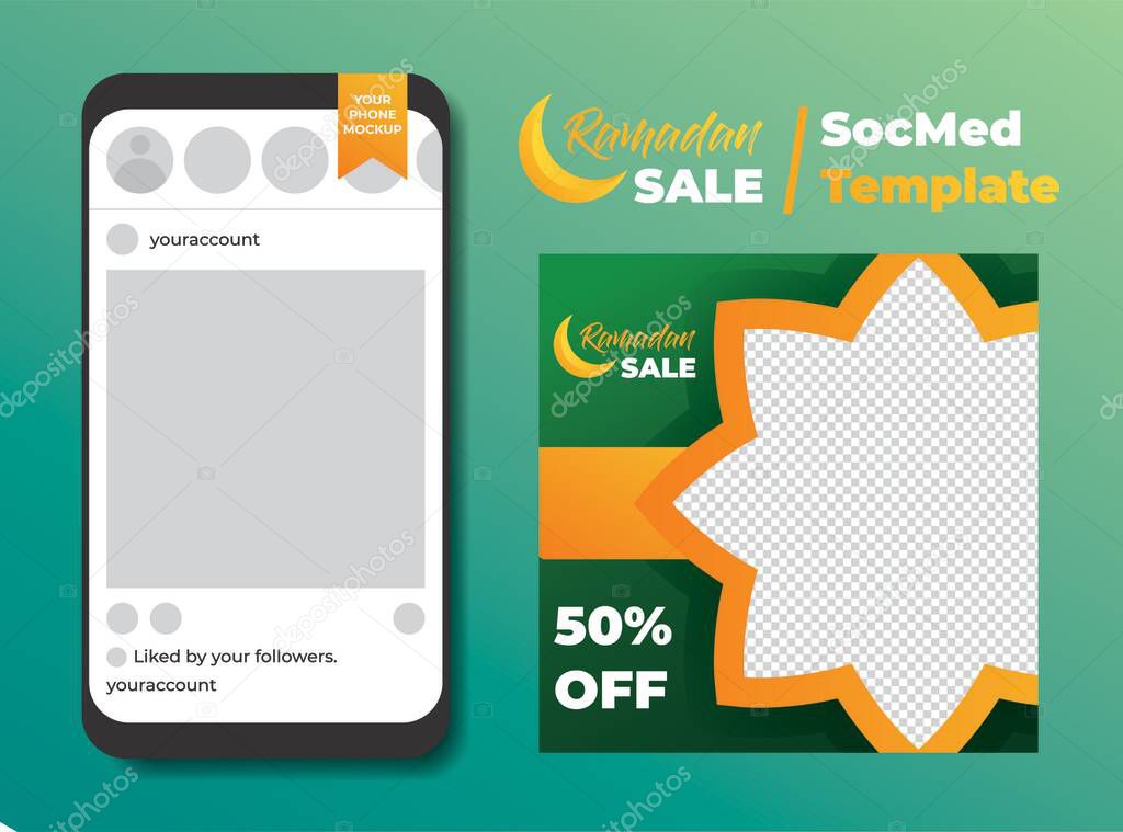 Luxury Green and Gold Ramadan Kareem Sale Or Discount Social Media Template with Phone Mock-Up for Banner, Ads, Advertising, Greeting Card, Poster, and Others Media Promotion.