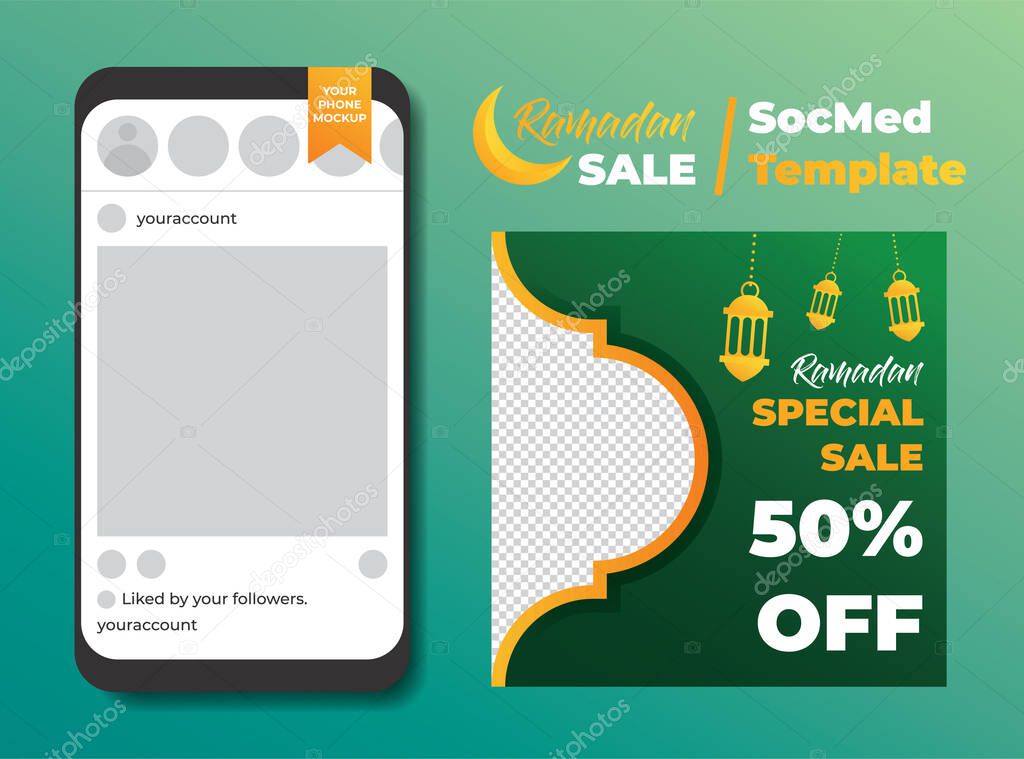 Luxury Green and Gold Ramadan Kareem Sale Or Discount Social Media Template for Banner, Ads, Advertising, Greeting Card, Poster, and Others Media Promotion.