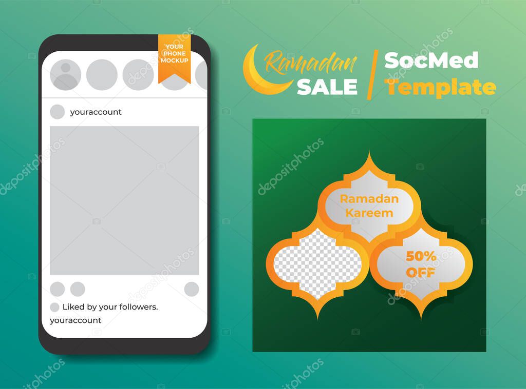 Luxury Green and Gold Ramadan Kareem Sale Or Discount Social Media Template for Banner, Ads, Advertising, Greeting Card, Poster, and Others Media Promotion.