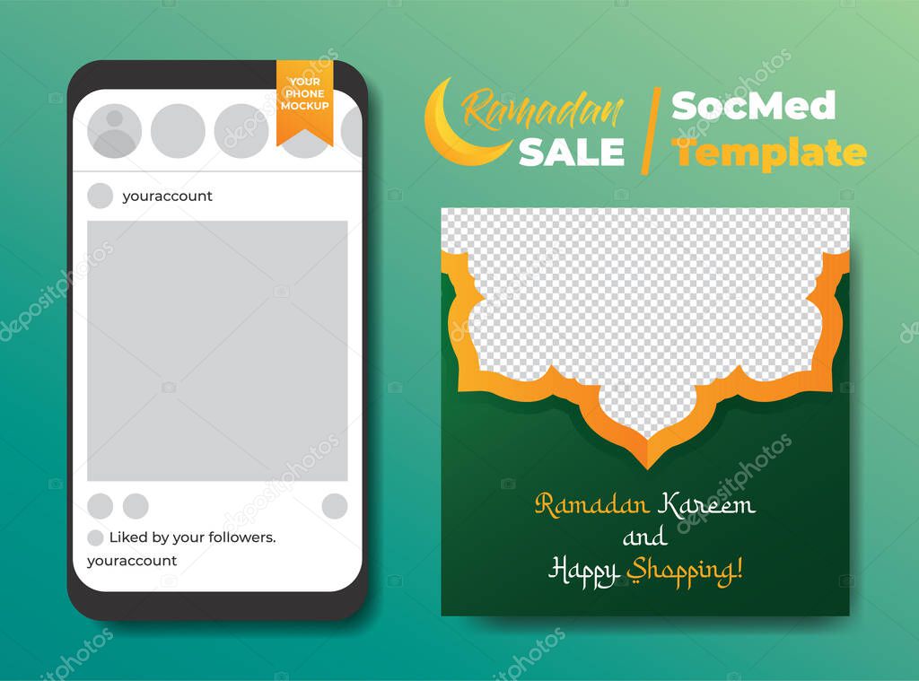 Luxury Green and Gold Ramadan Kareem Sale Or Discount Social Media Template for Banner, Ads, Advertising, Greeting Card, Poster, and Others Media Promotion.