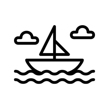 Minimalist siyah bir tasvirde iki bulutlu dalgalı sularda yüzen bir yelkenli resmedilmiş..