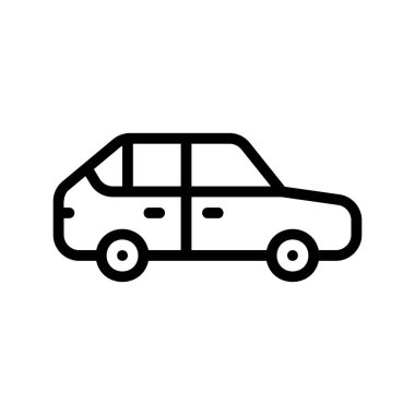 Dijital arayüzler için ideal, basit siluetini ve tekerleklerini sergileyen, bir arabanın minimalist siyah beyaz çizgili sanat çizgisi..