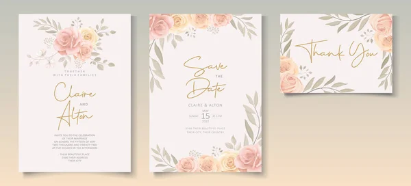 Set Von Schönen Hochzeitseinladungsvorlage Mit Handgezeichneten Rosen Blumenschmuck — Stockvektor