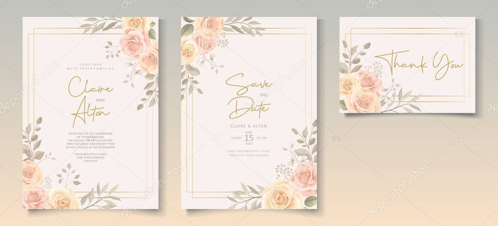 Set of beautiful wedding invitation template with hand drawn roses flower ornament