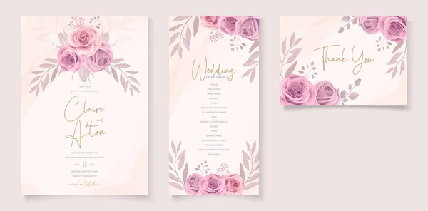 Набор Красивых Свадебных Приглашения Шаблон Ручной Работы Розовые Розы Украшения — стоковый вектор