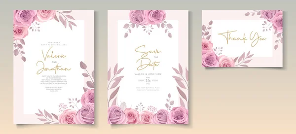 Set Von Schönen Hochzeitseinladungsvorlage Mit Handgezeichneten Rosa Rosen Blumenschmuck — Stockvektor