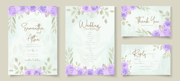 Conjunto Plantilla Invitación Boda Con Hermoso Diseño Rosas Florecientes Púrpura — Vector de stock