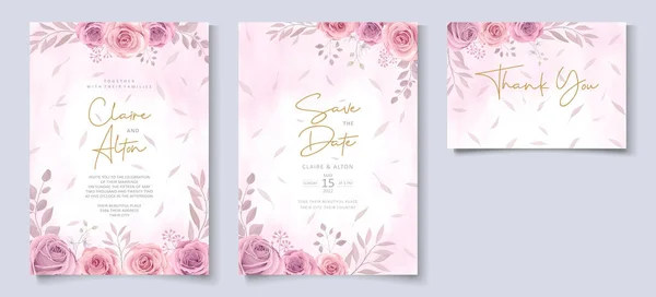 Set Von Hochzeitseinladungsvorlage Mit Schönen Rosa Blühenden Rosen Design — Stockvektor
