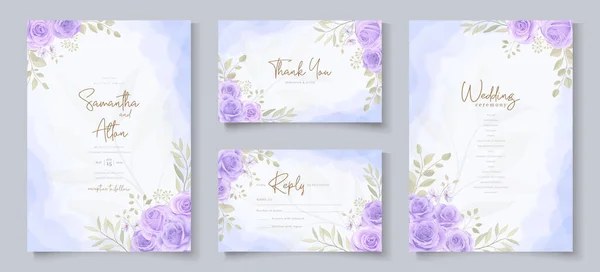 Set Wedding Invitation Template Beautiful Purple Blooming Roses Design — Stock Vector