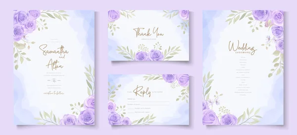 Set Wedding Invitation Template Beautiful Purple Blooming Roses Design — Stock Vector