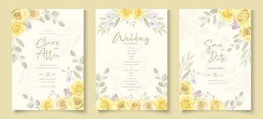 Güzel düğün davetiyesi şablonu, elle çizilmiş sarı güller.