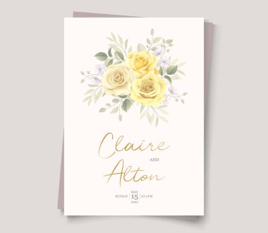 Güzel düğün davetiyesi şablonu, elle çizilmiş sarı güller.