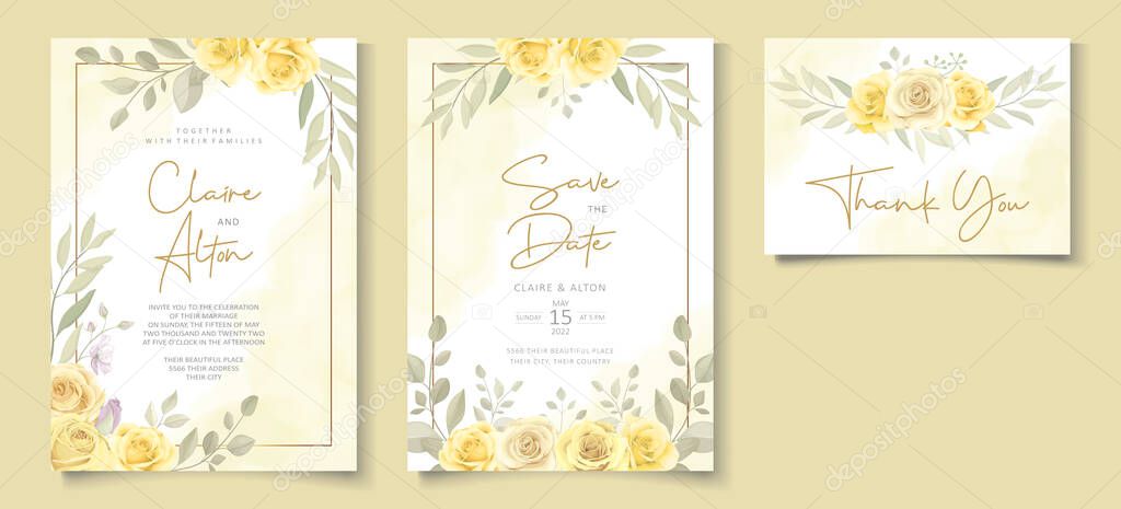 Beautiful wedding invitation template with hand drawn yellow roses