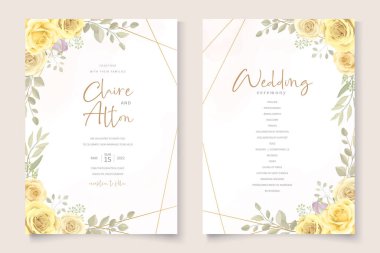 El çizimi sarı çiçek süslemeleri temalı düğün kartı şablonu