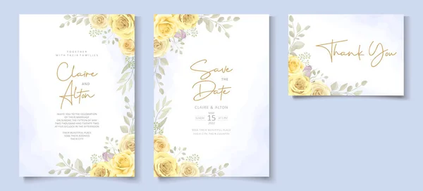 Hochzeitskarte Vorlage Mit Handgezeichneten Gelben Blumenschmuck Thema — Stockvektor