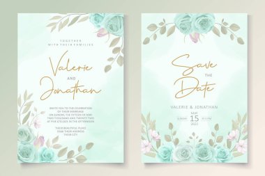 Zarif düğün davetiyesi şablonu turkuaz renkli çiçek süsüyle