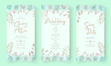 Zarif düğün davetiyesi şablonu turkuaz renkli çiçek süsüyle