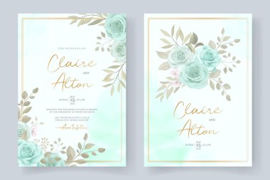 Zarif düğün davetiyesi şablonu turkuaz renkli çiçek süsüyle