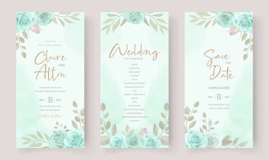 Zarif düğün davetiyesi şablonu turkuaz renkli çiçek süsüyle