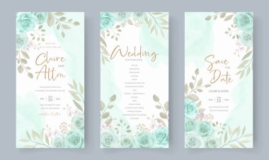 Zarif düğün davetiyesi şablonu turkuaz renkli çiçek süsüyle
