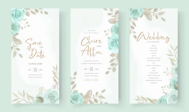 Zarif düğün davetiyesi şablonu turkuaz renkli çiçek süsüyle