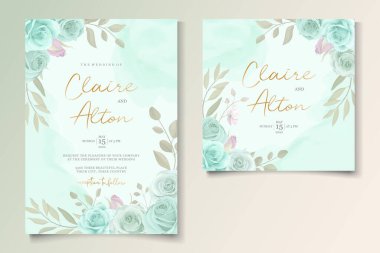 Zarif düğün davetiyesi şablonu turkuaz renkli çiçek süsüyle