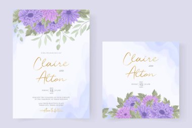 Mor kasımpatı çiçekli düğün davetiyesi tasarımı
