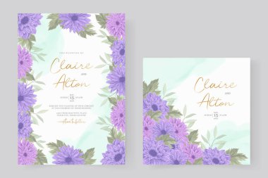 Mor kasımpatı çiçekli düğün davetiyesi tasarımı