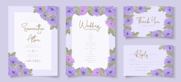 Elegante Diseño Invitación Boda Con Adorno Flores Crisantemo Púrpura — Vector de stock