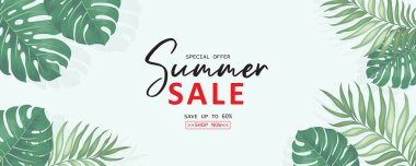 Tropikal yaprak arkaplanlı yaz indirimi afişi tasarımı