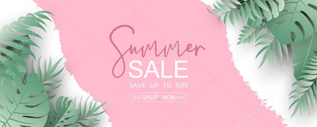 Summer sale banner design with tropical leaves background