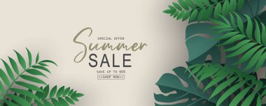 Tropikal yaprak arkaplanlı yaz indirimi afişi tasarımı